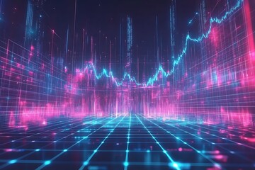 Abstract Futuristic Landscape with Glowing Grid Lines and Data Visualization