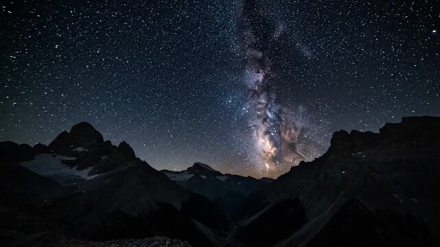 Galactic River Flow Time-lapse of the Milky Way galaxy sweeping across a pristine, rugged mountain landscape. The celestial river of stars dominates the night sky above jagged, silent peaks and deep v