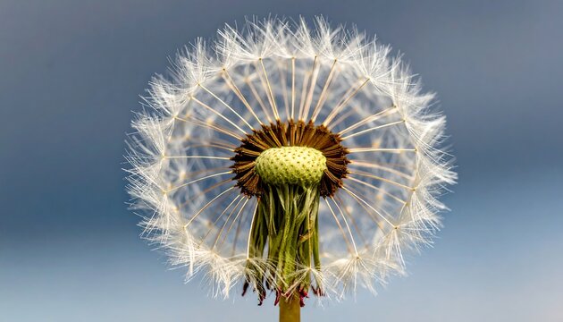 Close-up of a dandelion seed head against a muted sky