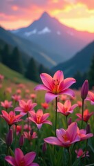 Fototapeta premium Pink lily sunset meadow, vibrant flora, mountain backdrop, nature, peaceful