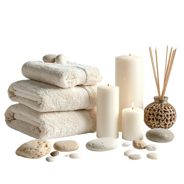 Stacked cream towels, candles, and decor, suggesting spa or relaxation