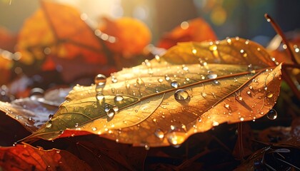 Autumn leaves covered in dew drops