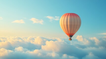 Fototapeta premium Hot air balloon floating above serene blue clouds and sky, Position subject at the top of the image with clear copy space at the bottom for photos.