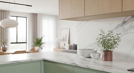 Stylish Modern Kitchen with Sage Green and Wood Cabinets.