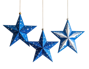 Three blue star ornaments, hanging