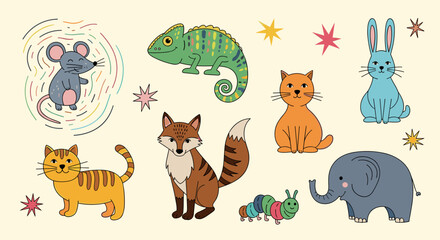 Obraz premium A charming collection of playful cartoon animals including a mouse a chameleon a fox a rabbit and an elephant.