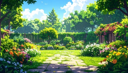 Naklejka premium Vibrant garden path scene