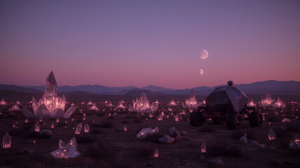 Obraz premium Alien Surface Exploration with Glowing Crystals, Futuristic Rover on Exotic Planet, Mining for Interstellar Gems at Twilight