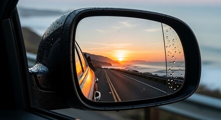 Sunset Highway View from Car Mirror.