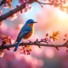 A bluebird perched amidst spring blossoms