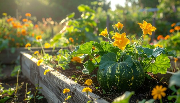 Vibrant garden plot with pumpkin and flowers