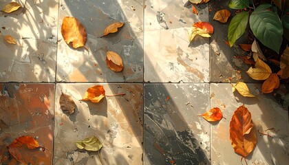 Autumn leaves on checkered tiled floor