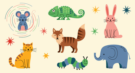 A whimsical collection of cute cartoon forest animals and insect friends in a vibrant, playful setting.