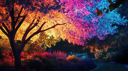 Fantastical Tree with Neon Pink, Orange, and Blue Glowing Leaves at Night in a Surreal Garden