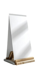 A white, blank, tabletop mirror, supported by a light-colored wooden stand