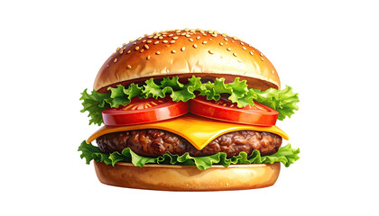 Close-up of a juicy cheeseburger.  A classic hamburger, with a toasted bun, seasoned patty, melted cheese, crisp lettuce, and sliced tomatoes, is displayed