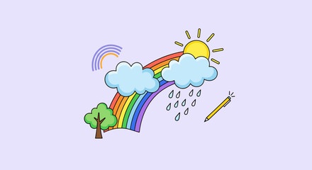 Fototapeta premium A colorful illustration depicts a rainbow a tree and clouds with falling rain next to a sun and a pen.