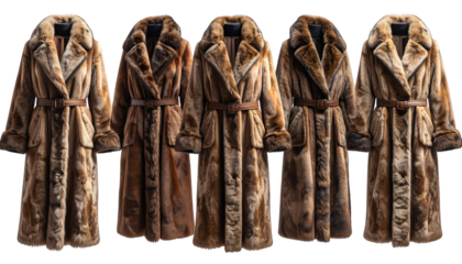Five brown faux fur coats, various shades, belted