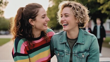 Two teenager woman friends merrymaking and sharing their secrets - Generative AI
