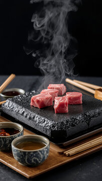 Searing wagyu beef cubes on hot stone, steam rising with chili and herb dips around, rustic chopsticks scene, premium Japanese dining.