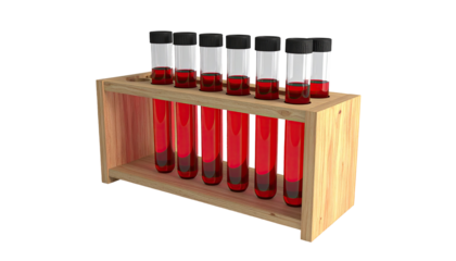 Wooden rack holding a row of test tubes filled with red liquid