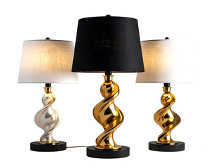 Three elegant table lamps in gold, black, and white