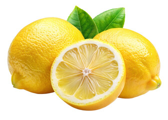 Lemon citrus fruit isolated on white or transparent background. Two lemon fruits cut half and slice