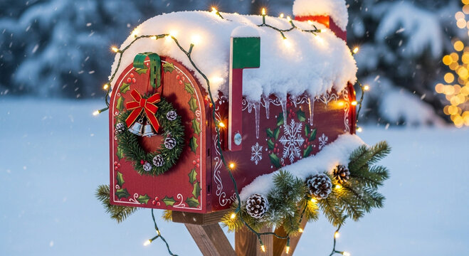 A red mailbox covered in snow and decorated with a wreath and christmas lights, standing in a snowy landscape with trees and lights in the background