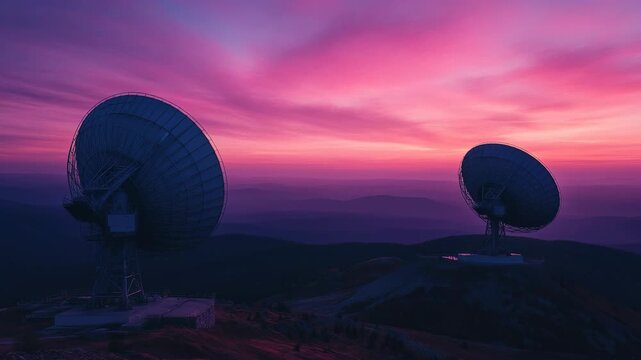 Two large parabolic antennas, satellite dishes silhouetted against glowing purple and pink twilight sky on mountain ridges, communication, technology, astronomy, science, and cosmic exploration.