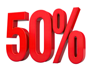 Bold 3D red "50%" discount sign