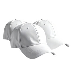 Three identical white baseball caps