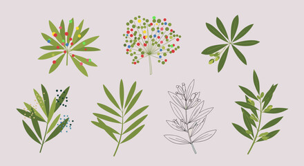 An assortment of diverse green leaves and botanical illustrations on a muted background.