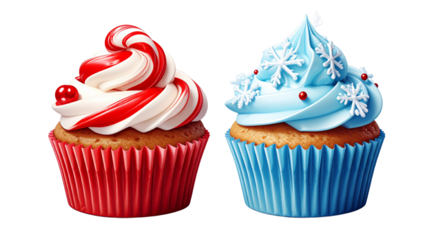 Candy Cane Topped Cupcake and Snowflake Decorated Cupcake, isolated on transparent background