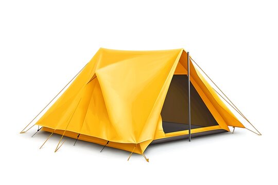 Camping tent in yellow against a clear white background, outdoor shelter equipment