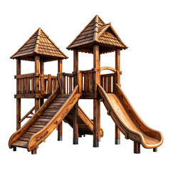 Two wooden play towers connected by a platform and slides.  Rustic design with peaked roofs
