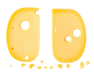 Two halves of a cheese wheel, with small holes and broken pieces