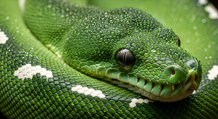 Obraz premium Vibrant Green Snake with White Markings Coiled Closeup