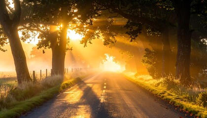 A road with sunlight streaming through trees creates a golden, hazy, and serene atmosphere. The sun's rays illuminate the pathway