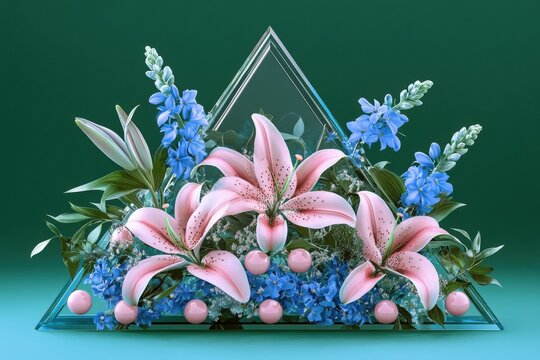 A triangular arrangement of pink lilies and blue flowers, nestled within a clear glass frame, creates a vibrant floral display against a teal backdrop. - Powered by Adobe