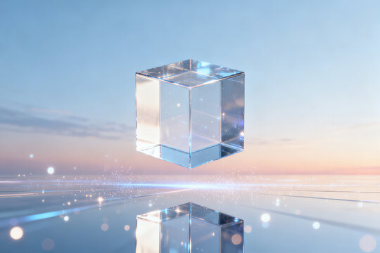 Transparent crystal cube floating above reflective surface with sky background - Powered by Adobe