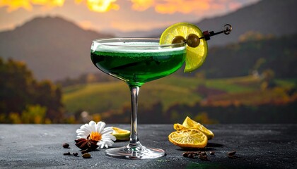 Vibrant green cocktail against autumnal backdrop