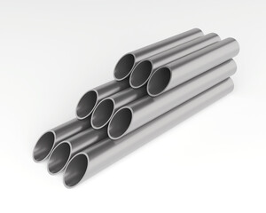 stack of steel pipes. Stainless steel round pipes arranged in stack on white. Glossy metallic tubes, industrial construction material, plumbing element, modern engineering and minimal design.