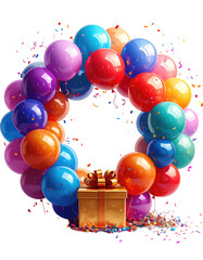 Colorful balloon wreath with gift, confetti