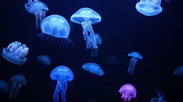 Dynamic camera movement following a solitary, elegant jellyfish as it glides through tranquil, sun-dappled ocean currents, evoking a sense of peaceful exploration. no data