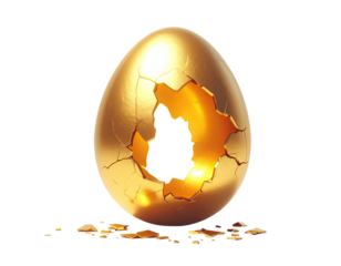 Golden egg cracked open on dark background