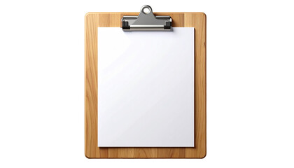 Wooden clipboard with blank white paper. Metal clip.  Isolated on black
