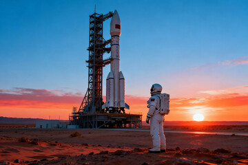 Astronaut stands before a rocket on a launch pad at sunset in a desert landscape
