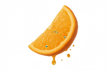 Orange fruit wedge with fresh juice dripping, showing natural citrus pulp on transparent background