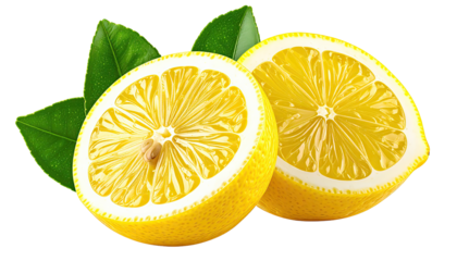 Two lemon halves, bright yellow, with green leaves