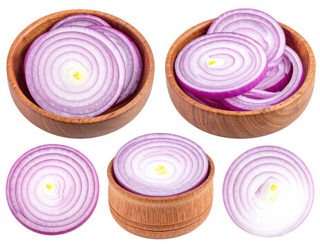 Close-up view of sliced red onions in wooden bowls